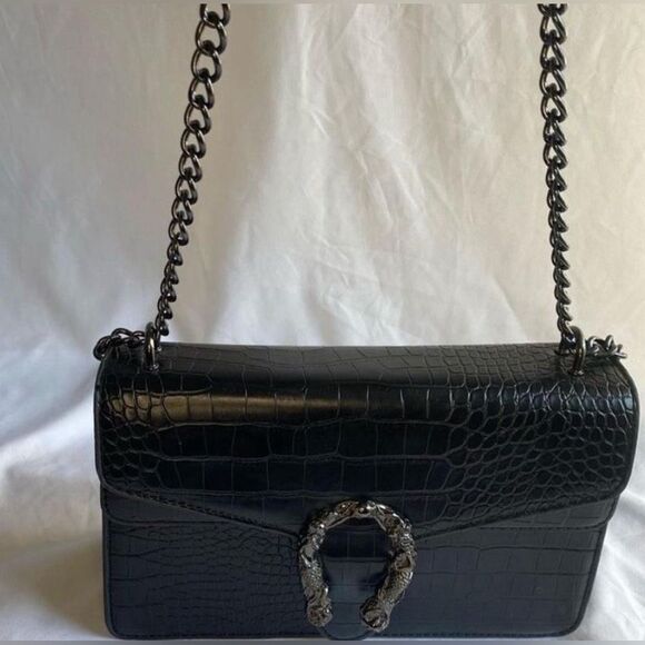 Luxury inspired Black Crocodile-Embossed Shoulder Bag - Picture 1 of 9